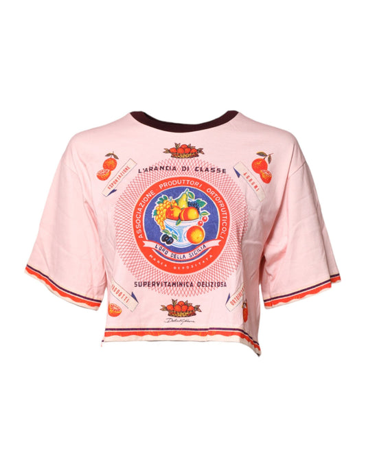 Pink Print Cotton Short Sleeves Cropped Top